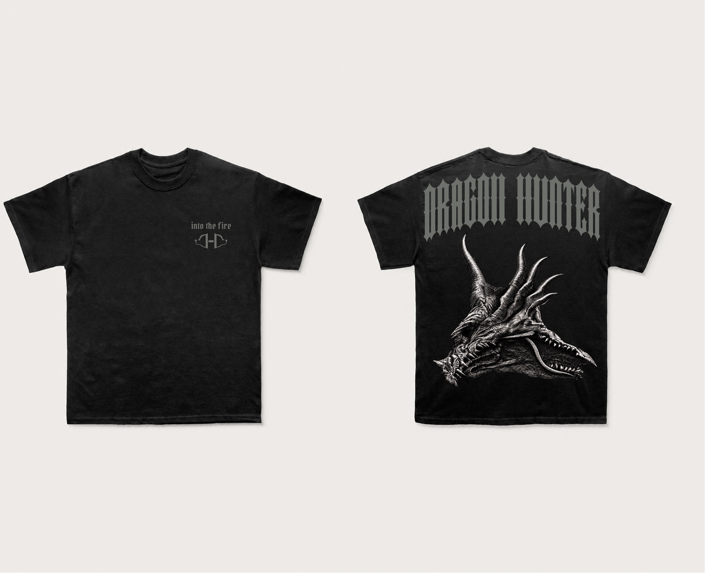 Dragon Hunter black oversized T-shirt showing the final front and back artwork